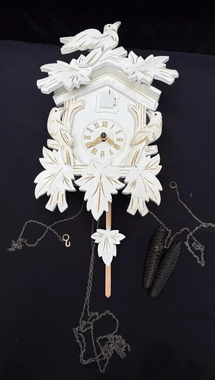 Vintage Made In Germany Cuckoo Clock Black Forest Style Wood Bird and Leaves